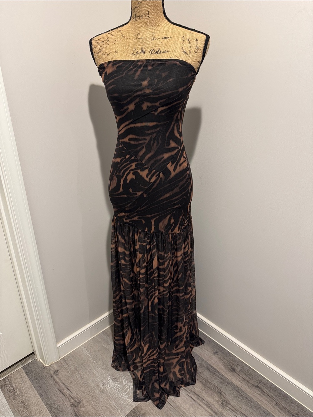 NWOT Strapless Brown & Black Animal-Print Maxi Dress
